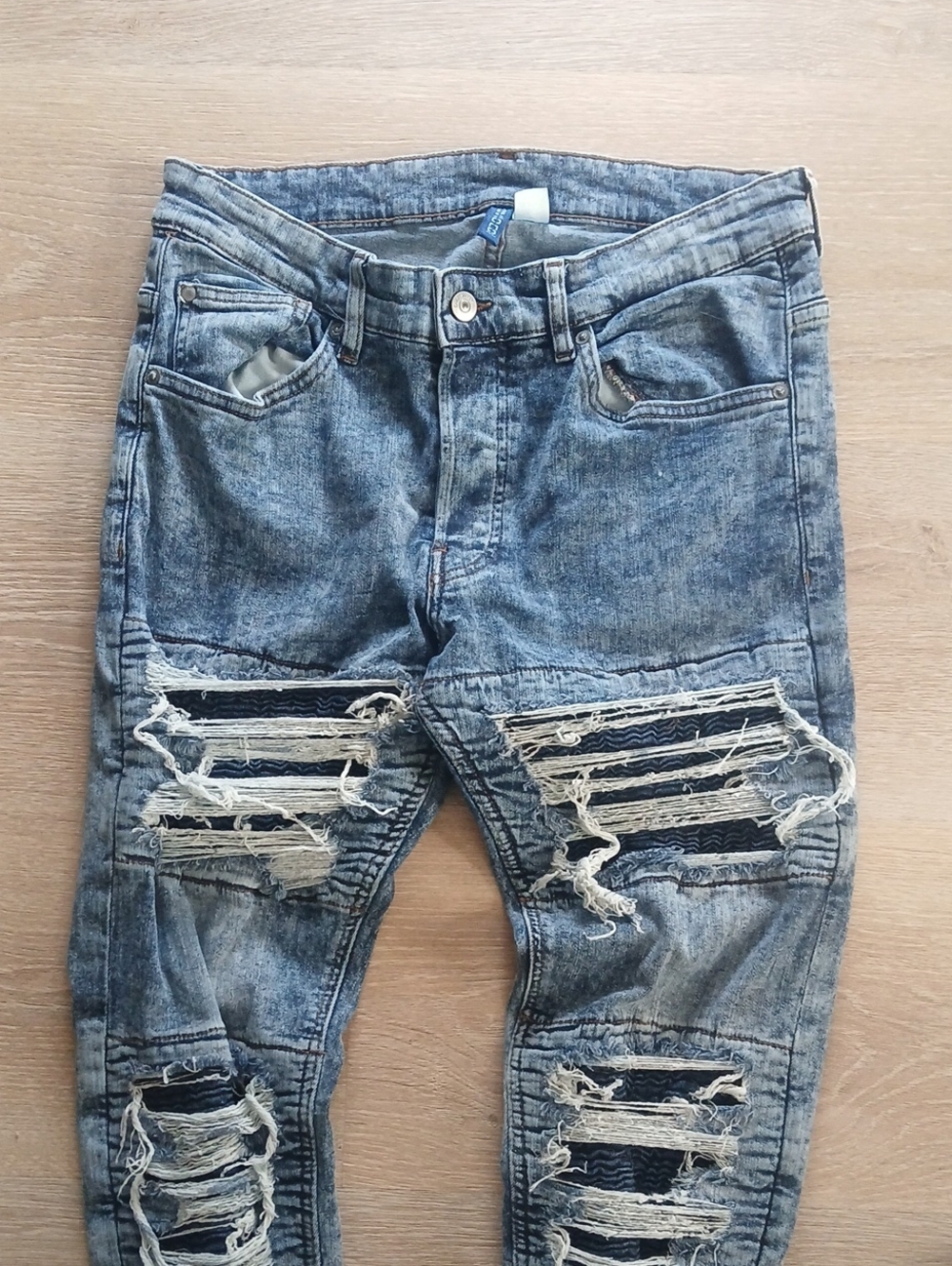 Divided H&M Men's Distressed Ripped Skinny Jeans Y2K Moto Top Stitching